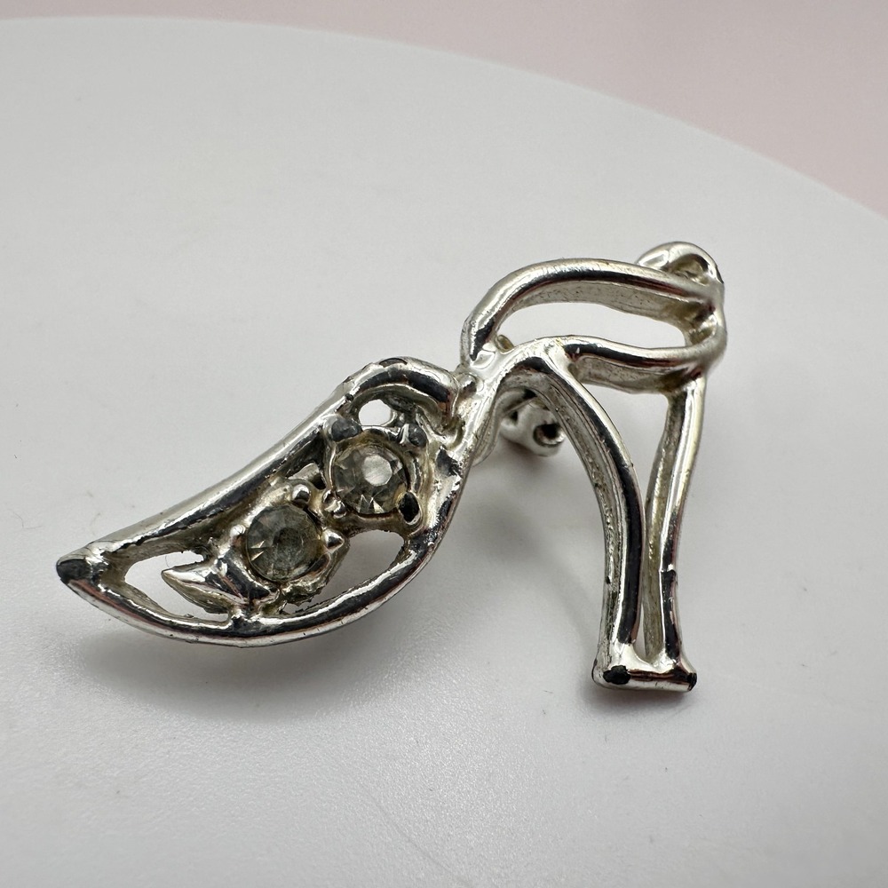 Vintage 90s Silver Tone High Heel Shoe Rhinestone Brooch Pin Women's Jewelry 90s